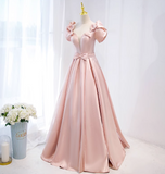 A-line V-neck satin long prom dress, pink formal long dress HZ1024