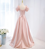 A-line V-neck satin long prom dress, pink formal long dress HZ1024