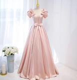 A-line V-neck satin long prom dress, pink formal long dress HZ1024