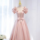 A-line V-neck satin long prom dress, pink formal long dress HZ1024