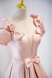 A-line V-neck satin long prom dress, pink formal long dress HZ1024