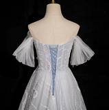 grey A-line off-shoulder tulle sequin long prom dress, silver grey formal long dress HZ1024