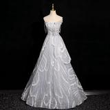 grey A-line off-shoulder tulle sequin long prom dress, silver grey formal long dress HZ1024