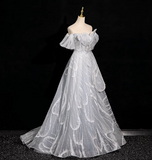 grey A-line off-shoulder tulle sequin long prom dress, silver grey formal long dress HZ1024