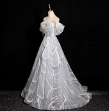 grey A-line off-shoulder tulle sequin long prom dress, silver grey formal long dress HZ1024