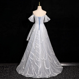 grey A-line off-shoulder tulle sequin long prom dress, silver grey formal long dress HZ1024