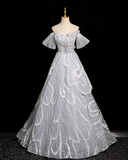 grey A-line off-shoulder tulle sequin long prom dress, silver grey formal long dress HZ1024