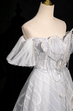 grey A-line off-shoulder tulle sequin long prom dress, silver grey formal long dress HZ1024
