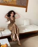retro leopard print v-neck sling ruffle summer slim fit chiffon long skirt for women HZ1024