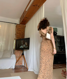 retro leopard print v-neck sling ruffle summer slim fit chiffon long skirt for women HZ1024