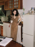 retro leopard print v-neck sling ruffle summer slim fit chiffon long skirt for women HZ1024