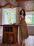 retro leopard print v-neck sling ruffle summer slim fit chiffon long skirt for women HZ1024