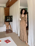 retro leopard print v-neck sling ruffle summer slim fit chiffon long skirt for women HZ1024