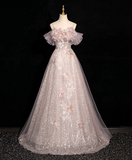 A-line off-shoulder sequined tulle long prom dress, pink formal long dress HZ1024