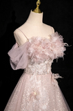 A-line off-shoulder sequined tulle long prom dress, pink formal long dress HZ1024