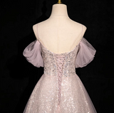 A-line off-shoulder sequined tulle long prom dress, pink formal long dress HZ1024