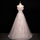 A-line off-shoulder sequined tulle long prom dress, pink formal long dress HZ1024