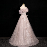 A-line off-shoulder sequined tulle long prom dress, pink formal long dress HZ1024