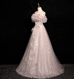 A-line off-shoulder sequined tulle long prom dress, pink formal long dress HZ1024