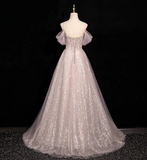 A-line off-shoulder sequined tulle long prom dress, pink formal long dress HZ1024