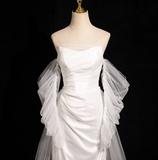 Mermaid strapless satin tulle long prom dress, white formal long dress HZ1024