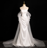 Mermaid strapless satin tulle long prom dress, white formal long dress HZ1024