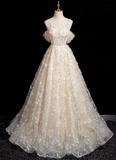 A-line sweetheart neck tulle beaded long prom dress, champagne formal long dress HZ1024