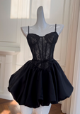 A-line Sweetheart Neck Lace Satin Short Prom Dress, Black Homecoming Dress HZ1024