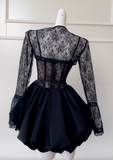 A-line Sweetheart Neck Lace Satin Short Prom Dress, Black Homecoming Dress HZ1024