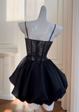 A-line Sweetheart Neck Lace Satin Short Prom Dress, Black Homecoming Dress HZ1024