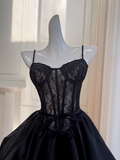 A-line Sweetheart Neck Lace Satin Short Prom Dress, Black Homecoming Dress HZ1024