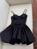 A-line Sweetheart Neck Lace Satin Short Prom Dress, Black Homecoming Dress HZ1024