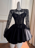 A-line Sweetheart Neck Lace Satin Short Prom Dress, Black Homecoming Dress HZ1024