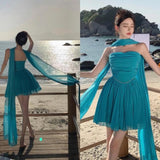 blue A-line strapless chiffon short prom dress, lake blue homecoming dress HZ1024