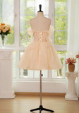 A-line off shoulder tulle lace short prom dress, champagne homecoming dress HZ1024