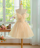 A-line off shoulder tulle lace short prom dress, champagne homecoming dress HZ1024