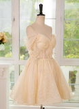 A-line off shoulder tulle lace short prom dress, champagne homecoming dress HZ1024