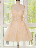A-line off shoulder tulle lace short prom dress, champagne homecoming dress HZ1024