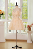 A-line off shoulder tulle lace short prom dress, champagne homecoming dress HZ1024