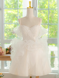 A-line off-the-shoulder tulle lace short prom dress, white homecoming dress HZ1024
