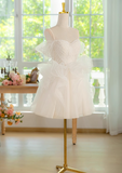 A-line off-the-shoulder tulle lace short prom dress, white homecoming dress HZ1024