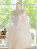 A-line off-the-shoulder tulle lace short prom dress, white homecoming dress HZ1024