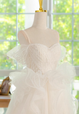 A-line off-the-shoulder tulle lace short prom dress, white homecoming dress HZ1024