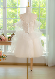 A-line off-the-shoulder tulle lace short prom dress, white homecoming dress HZ1024