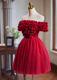A-line off-the-shoulder tulle short prom dress, Burgundy engagement dress homecoming dress HZ1024