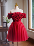 A-line off-the-shoulder tulle short prom dress, Burgundy engagement dress homecoming dress HZ1024