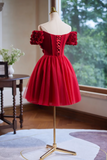 A-line off-the-shoulder tulle short prom dress, Burgundy engagement dress homecoming dress HZ1024
