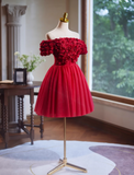 A-line off-the-shoulder tulle short prom dress, Burgundy engagement dress homecoming dress HZ1024