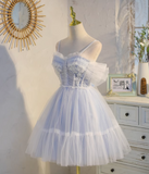 blue A-line tulle lace beaded short prom dress, light blue homecoming dress HZ1024