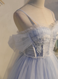 blue A-line tulle lace beaded short prom dress, light blue homecoming dress HZ1024